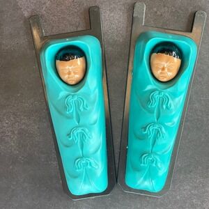 Vintage Native American Eskimo Papoose  Plastic 3D Art Set of 2 Teal Retro